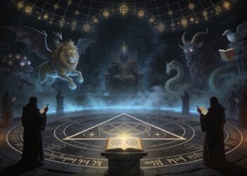 Ars Goetia: ritual de invocación de los 72 demonios de Salomón con círculo de protección, triángulo y grimorio abierto