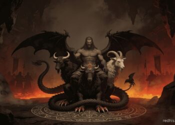 Asmodeo, el rey de los demonios de la Ars Goetia, representado con tres cabezas (toro, hombre y carnero) sobre un dragón infernal, rodeado de sus legiones