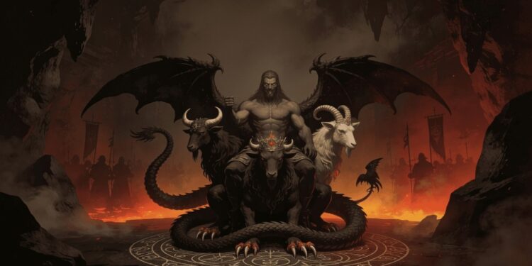 Asmodeo, el rey de los demonios de la Ars Goetia, representado con tres cabezas (toro, hombre y carnero) sobre un dragón infernal, rodeado de sus legiones