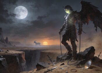 Azazel encadenado en el desierto de Dudael con espadas y joyas a sus pies y el chivo expiatorio al fondo