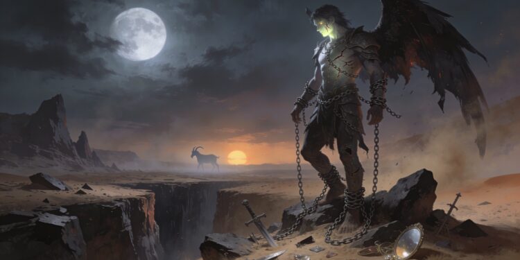 Azazel encadenado en el desierto de Dudael con espadas y joyas a sus pies y el chivo expiatorio al fondo