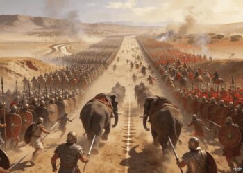 Elefantes de guerra cartagineses cargando contra las legiones romanas en la batalla de Zama (202 a.C.)