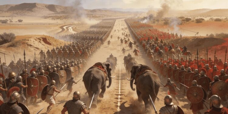 Elefantes de guerra cartagineses cargando contra las legiones romanas en la batalla de Zama (202 a.C.)