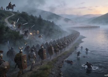 El ejército romano de Flaminio cayendo en la emboscada de Aníbal en la batalla del lago Trasimeno (217 a.C.)