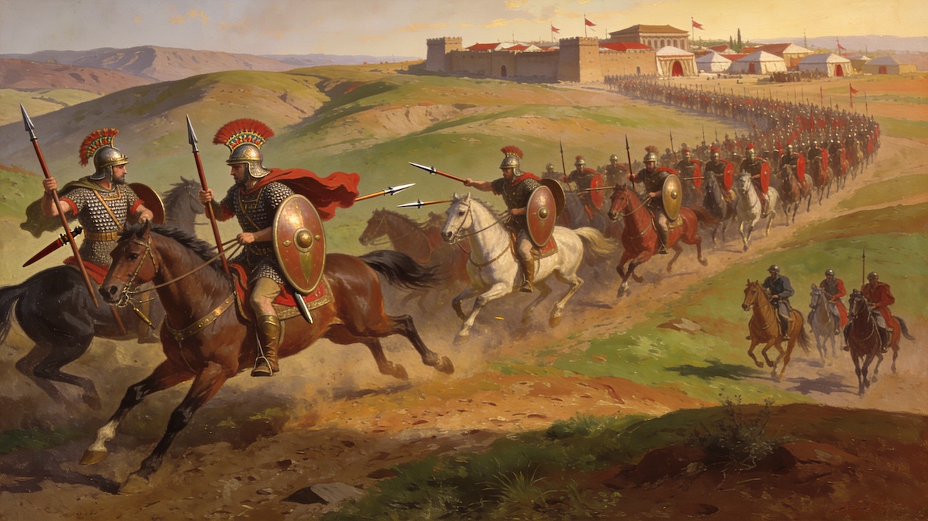 Caballería romana en movimiento coordinado con infantería de fondo. Oficiales romanos montados a caballo con lanzas y escudos rojos lideran a legionarios a pie en formación. Muestra la coordinación táctica entre caballería e infantería romana.
