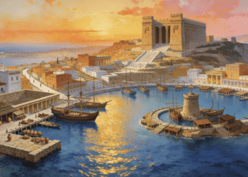 Reconstrucción de Cartago antigua. Puerto comercial bullicioso con múltiples barcos de vela, templo fenicio en la acrópolis, torre defensiva, murallas fortificadas, almacenes con ánforas de cerámica en el muelle, y edificios de arquitectura cartaginesa. Escena que muestra la prosperidad comercial y poder naval de Cartago como potencia mediterránea durante el primer milenio antes de Cristo.