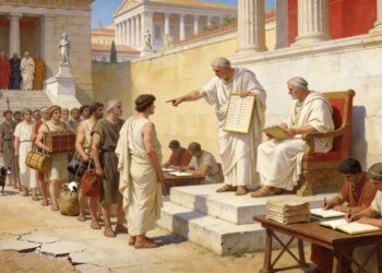 Censo romano: ciudadanos presentándose ante censores en el foro y los escribas registran datos de ciudadanía y riqueza para la clasificación oficial.