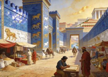 Reconstrucción artística del comercio en mesopotamia (Babilonia) con mercadillos, vendedores, productos, camellos y escriba registrando transacciones en tablilla cuneiforme.