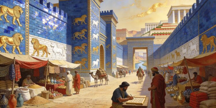Reconstrucción artística del comercio en mesopotamia (Babilonia) con mercadillos, vendedores, productos, camellos y escriba registrando transacciones en tablilla cuneiforme.