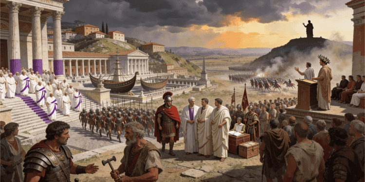 Ilustración de la crisis de la República romana, con el Foro lleno de tensión entre senadores, tribunos populares, veteranos y ejércitos, mientras al fondo se insinúan las guerras civiles y el ascenso de Octaviano.