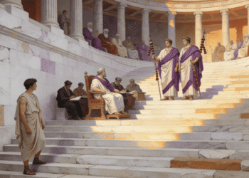 Ilustración del Cursus Honorum: escalera política romana donde candidato joven en toga simple observa desde la base mientras magistrados ascenden en jerarquía. Dos cónsules en toga púrpura en la cúspide representan poder supremo. Senadores en el pórtico supervisan el proceso.