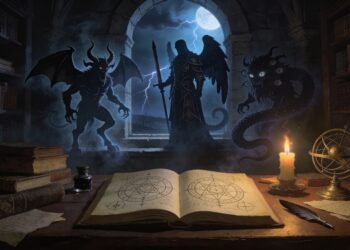 Demonología: grimorio medieval con sellos mágicos y jerarquía de demonios en una biblioteca antigua
