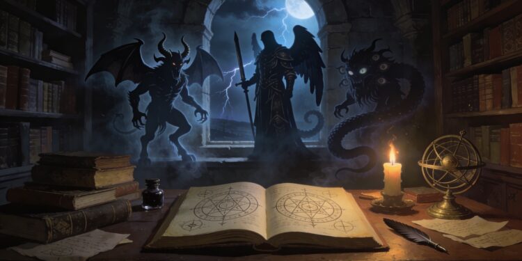 Demonología: grimorio medieval con sellos mágicos y jerarquía de demonios en una biblioteca antigua