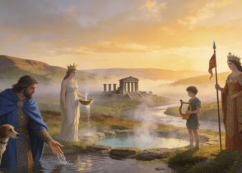 Dioses britanos junto a un manantial sagrado con templo romano-celta al fondo, representando a Nodens, Sulis, Mabon y Brigantia en el paisaje de la antigua Britania celta.