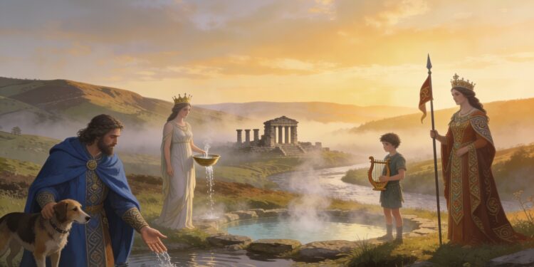 Dioses britanos junto a un manantial sagrado con templo romano-celta al fondo, representando a Nodens, Sulis, Mabon y Brigantia en el paisaje de la antigua Britania celta.