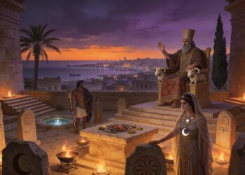 Dioses cartagineses (púnicos) Ba'al Hammon entronizado y Tanit con el signo púnico en un santuario de la acrópolis de Byrsa, Cartago, rodeados de estelas votivas y braseros rituales con vista al puerto mediterráneo.