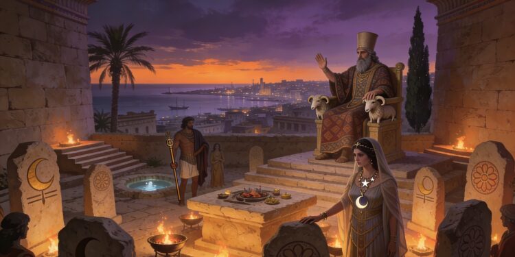 Dioses cartagineses (púnicos) Ba'al Hammon entronizado y Tanit con el signo púnico en un santuario de la acrópolis de Byrsa, Cartago, rodeados de estelas votivas y braseros rituales con vista al puerto mediterráneo.