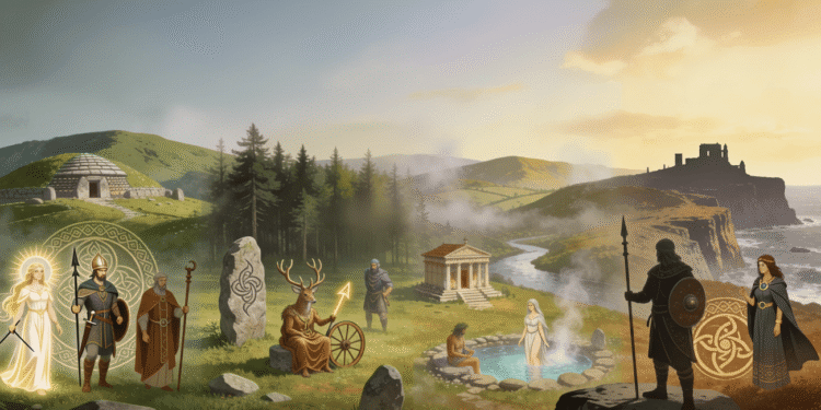 Panorama del mundo celta mostrando dioses celtas y símbolos de Irlanda, Galia y Britania: desde túmulos megalíticos y druidas hasta templos romanos y manantiales sagrados.