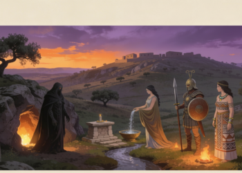 Dioses celtíberos en un santuario rupestre cerca de un castro fortificado, con guerrero, sacerdotisa y altar ritual en el paisaje mediterráneo de la antigua Hispania.