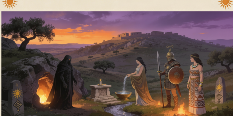 Dioses celtíberos en un santuario rupestre cerca de un castro fortificado, con guerrero, sacerdotisa y altar ritual en el paisaje mediterráneo de la antigua Hispania.