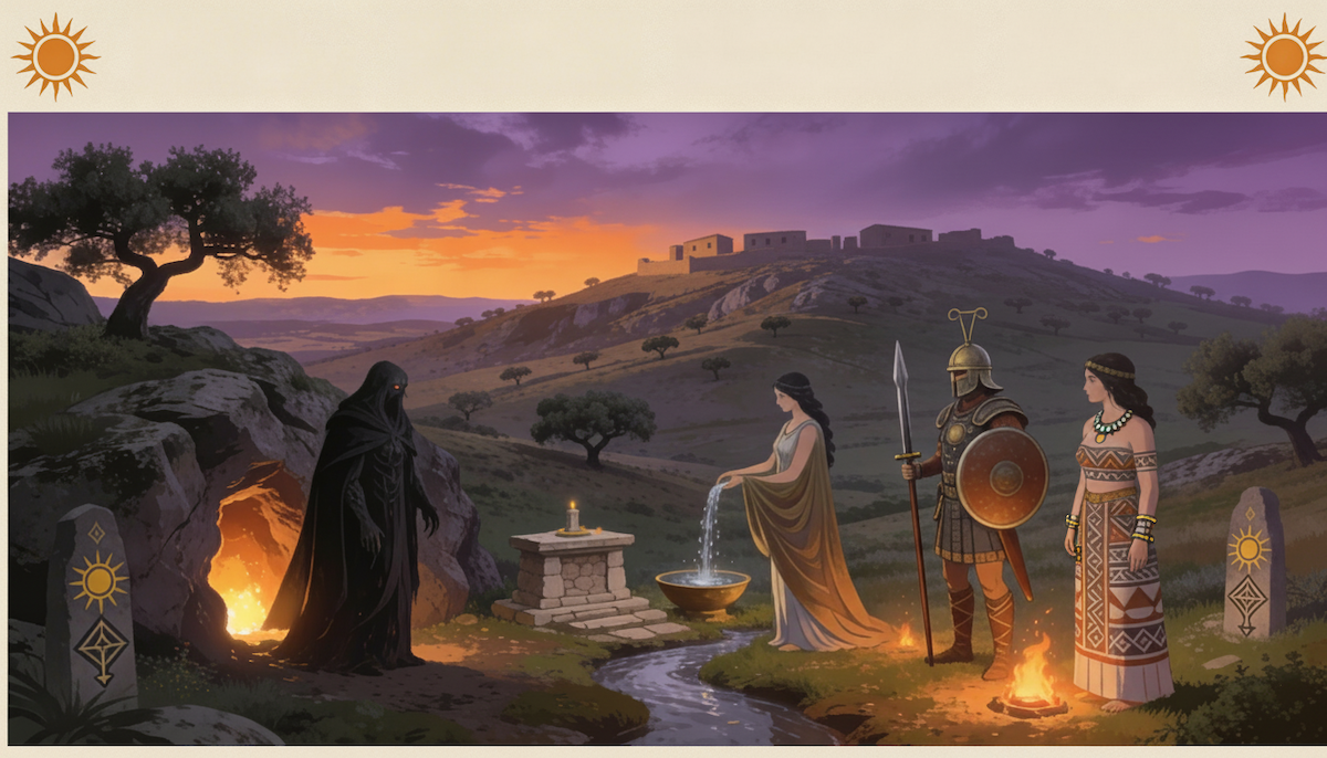 Dioses celtíberos en un santuario rupestre cerca de un castro fortificado, con guerrero, sacerdotisa y altar ritual en el paisaje mediterráneo de la antigua Hispania.