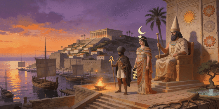 Ciudad portuaria fenicia al atardecer con templo dedicado a los dioses fenicios Ba'al y Astarté, barcos comerciales, estelas con símbolos solares y sacerdotes realizando rituales junto al Mediterráneo.