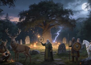 Ritual druídico en un bosque sagrado galo con representaciones de los dioses galos Cernunnos, Taranis, Teutates y Epona junto a menhires con símbolos celtas
