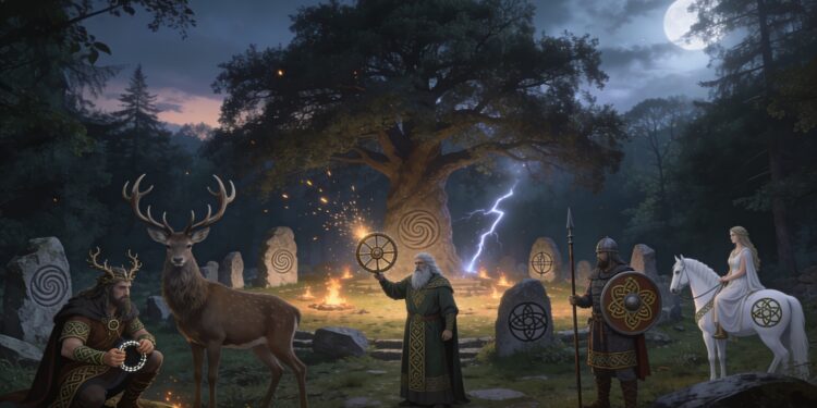 Ritual druídico en un bosque sagrado galo con representaciones de los dioses galos Cernunnos, Taranis, Teutates y Epona junto a menhires con símbolos celtas