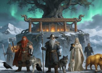 Lista completa de dioses nórdicos. Odín, Thor y Freyja con Asgard e Yggdrasil de fondo