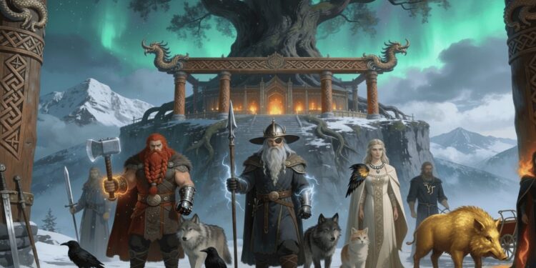 Lista completa de dioses nórdicos. Odín, Thor y Freyja con Asgard e Yggdrasil de fondo