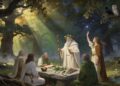 Los druidas. En la imagen, druida anciano enseñando a estudiantes en un nemeton (bosque sagrado de robles) con altar de piedra, objetos rituales, hoz dorada para el muérdago y estudiante señalando las estrellas.