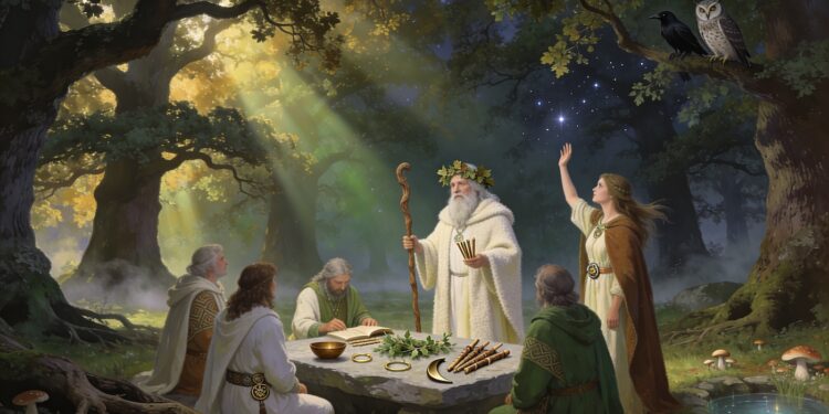 Los druidas. En la imagen, druida anciano enseñando a estudiantes en un nemeton (bosque sagrado de robles) con altar de piedra, objetos rituales, hoz dorada para el muérdago y estudiante señalando las estrellas.