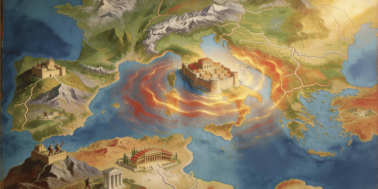 Mapa histórico de la Península Itálica mostrando la expansión temprana de roma durante los primeros siglos de la república. Se aprecian las principales ciudades, fortificaciones, geografía montañosa, y los territorios conquistados. Ciudades griegas al sur, Apeninos al norte, y Roma en el centro como punto de partida de la expansión territorial.