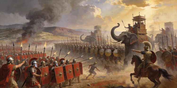 Reconstrucción artística de una batalla entre legionarios romanos y tropas de Pirro de Epiro. Se aprecia la formación cerrada romana con escudos rojos enfrentando elefantes de guerra con torres de mando. Legionarios lanzando proyectiles, humo y fuego en el campo de batalla. Muestra el conflicto militar entre disciplina romana y poder helenístico durante las Guerras Pirricas (280-275 a.C.).