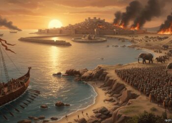 Vista panorámica de las guerras púnicas: flota romana, ejército con elefantes y destrucción de Cartago