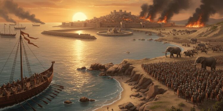 Vista panorámica de las guerras púnicas: flota romana, ejército con elefantes y destrucción de Cartago