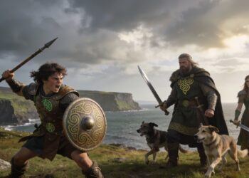 Héroes irlandeses: Cú Chulainn, Fionn mac Cumhaill con sus sabuesos mágicos Bran y Sceólang y una guerrera celta con escudo de guerrero frente a los Acantilados de Moher. Ilustración épica de leyendas celtas y guerreros del Ciclo del Úlster