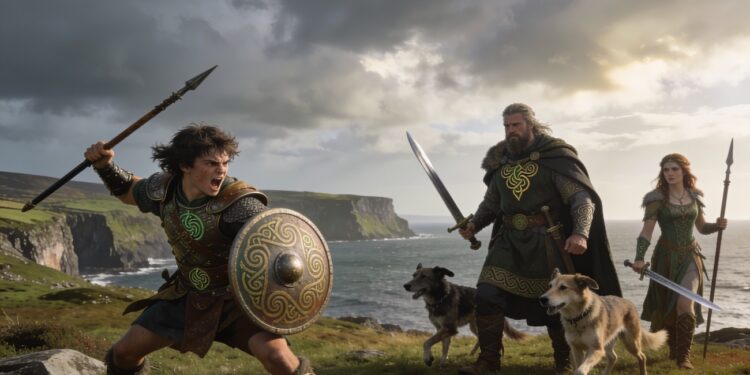 Héroes irlandeses: Cú Chulainn, Fionn mac Cumhaill con sus sabuesos mágicos Bran y Sceólang y una guerrera celta con escudo de guerrero frente a los Acantilados de Moher. Ilustración épica de leyendas celtas y guerreros del Ciclo del Úlster