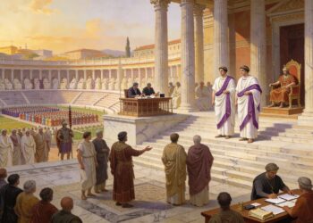 Instituciones políticas romanas en funcionamiento: senadores en el pórtico observan mientras magistrados en toga púrpura presiden un tribunal, ciudadanos participan en debate público, y escribas mantienen registros. Ilustración de cómo los tres pilares (magistrados, Senado, asambleas populares) trabajaban juntos en la República romana.