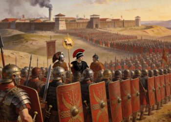 Reconstrucción artística de una legión romana en formación cerca de un campamento militar. Miles de legionarios en línea de batalla con escudos rojos, lanzas y armadura, bajo la dirección de oficiales romanos.