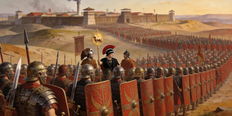 Reconstrucción artística de una legión romana en formación cerca de un campamento militar. Miles de legionarios en línea de batalla con escudos rojos, lanzas y armadura, bajo la dirección de oficiales romanos.