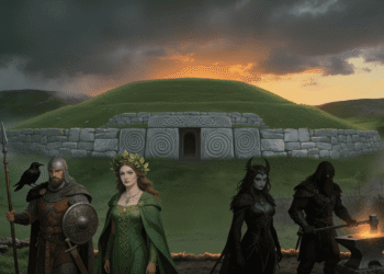 Los principales dioses de la mitología irlandesa reunidos frente al túmulo megalítico de Newgrange, residencia mítica de los Tuatha Dé Danann