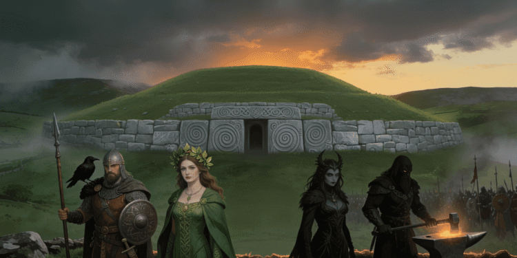 Los principales dioses de la mitología irlandesa reunidos frente al túmulo megalítico de Newgrange, residencia mítica de los Tuatha Dé Danann