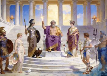 Los principales dioses romanos reunidos en un templo de mármol, con Júpiter en el trono al centro sosteniendo un rayo.