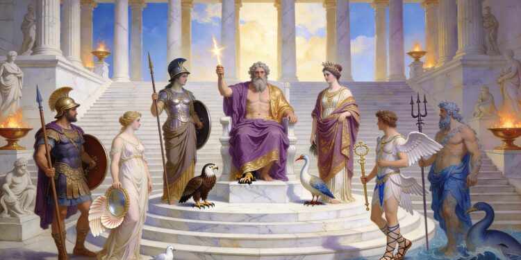 Los principales dioses romanos reunidos en un templo de mármol, con Júpiter en el trono al centro sosteniendo un rayo.