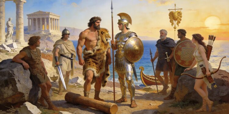 Lista de héroes griegos: ilustración con Heracles, Atalanta y guerreros de la mitología griega