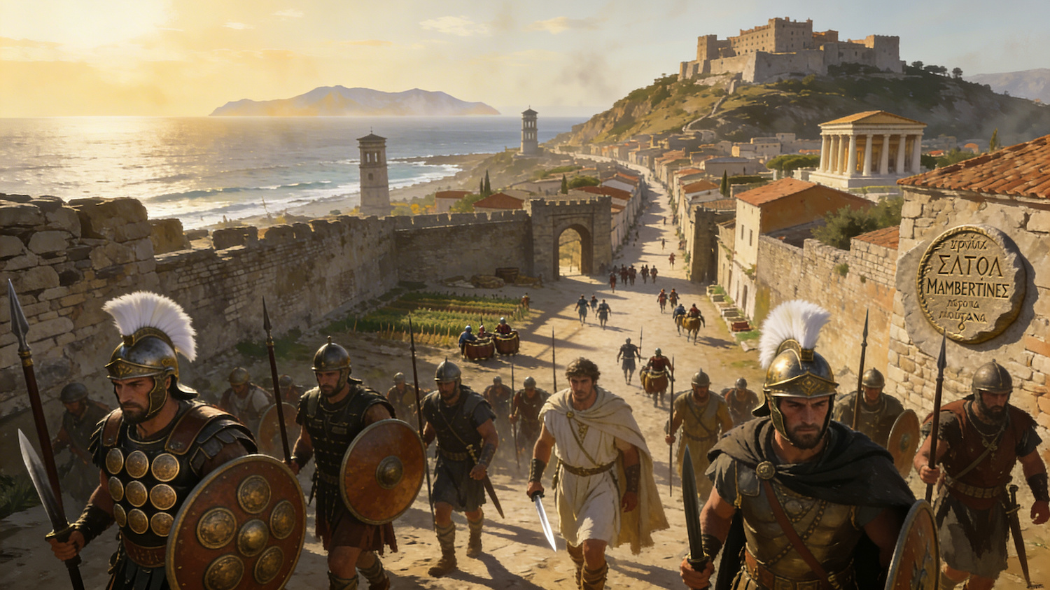 Soldados mamertinos entrando en la ciudad de Mesina, detonante de la primera guerra púnica entre Roma y Cartago