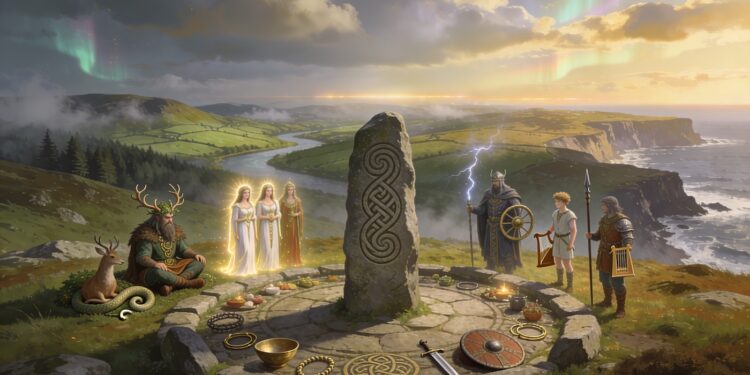 Panorama de la mitología celta mostrando a Cernunnos con ciervos, una tríada de diosas, un menhir sagrado con trisqueles, guerreros con la rueda de Taranis y un bardo, en el paisaje de Irlanda y Britania.