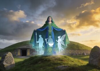 Diosa de la mitología irlandesa frente a un túmulo megalítico irlandés con piedras talladas con espirales celtas