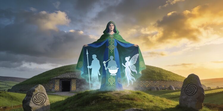 Diosa de la mitología irlandesa frente a un túmulo megalítico irlandés con piedras talladas con espirales celtas